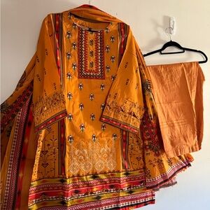 Vibrant Orange Floral Embroidered Dress Set